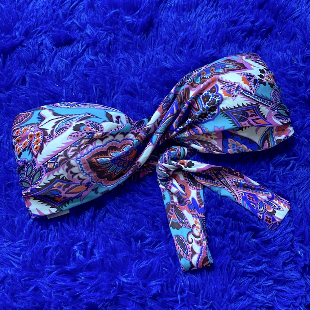 L SPACE Blue Purple Paisley Floral Strapless Bikini Swim Top Size Large